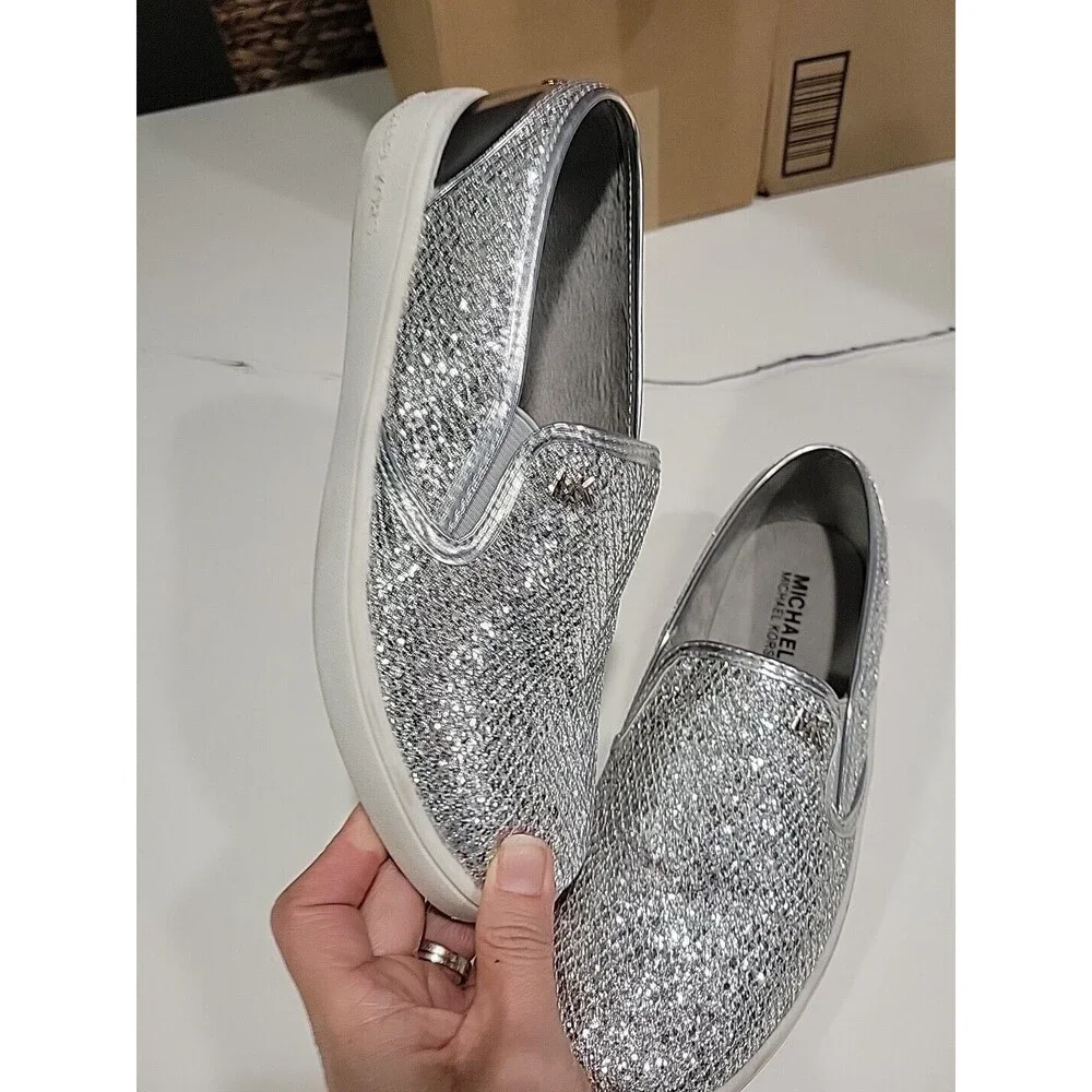 Michael Kors Ivy Eileen Shoe Slip On  Silver Sparkly Snake Embossed Sz 5
